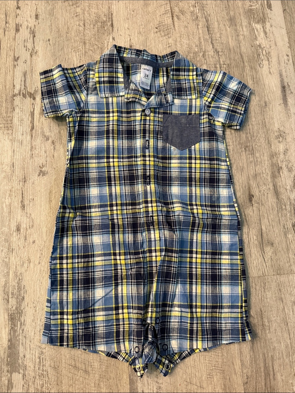 **4 for $15** Carter's Blue & Yellow Plaid Short Sleeve Romper with Navy Pocket
